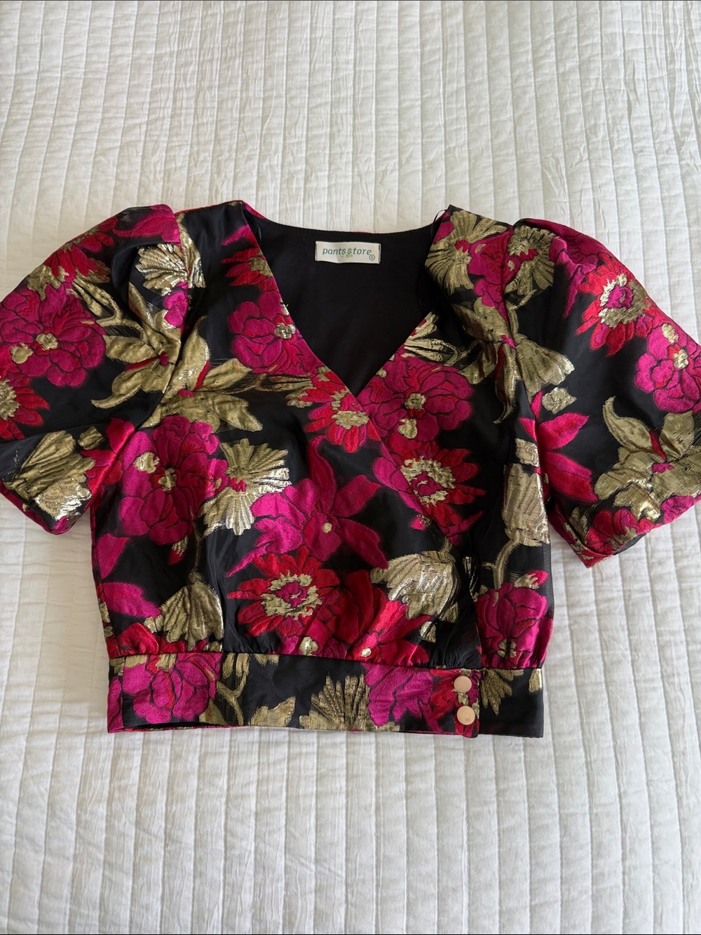 Floral Metallic Cropped Puff-Sleeve Top - Pink & Gold